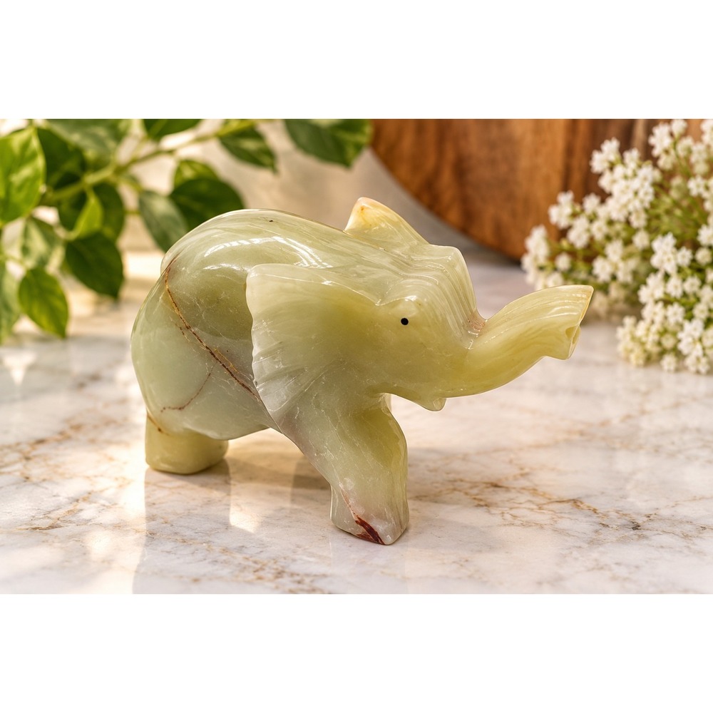 Hand Carved Green Onyx Elephant Figurine Natural Stone Boho Vintage Decor